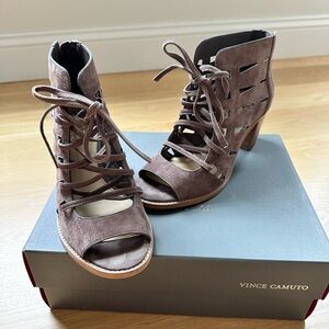 Vince Camuto Brown Suede Heels with Lace-up Detail and Open Toe